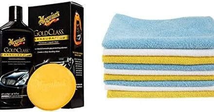 MEGUIAR’S G7016 Gold Class Carnauba Plus Premium Kit de Cera líquida – Incluye Botella de 16 onzas y Almohadilla aplicadora + Amazon Basics – Paños de limpieza de microfibra azul, blanco y amarillo