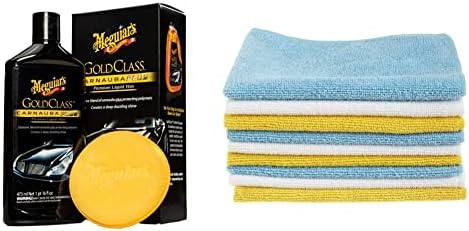 MEGUIAR’S G7016 Gold Class Carnauba Plus Premium Kit de Cera líquida – Incluye Botella de 16 onzas y Almohadilla aplicadora + Amazon Basics – Paños de limpieza de microfibra azul, blanco y amarillo