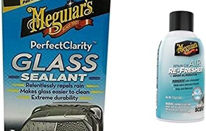 Meguiar’s Oficial Perfect Clarity Sellador De Vidrio G8504 118 ml + Meguiar’s Oficial Air Re-Fresher Sistema Eliminador de Olores y Ambientador New Car G16402, 2 Ounce